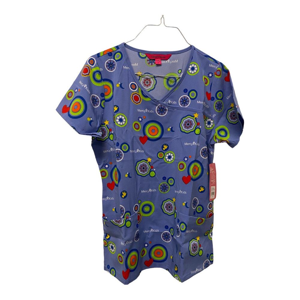 NWT Scrubs and Beyond Scrub Top SMALL Mercy Kids Print Crossover  V-Neck Medical